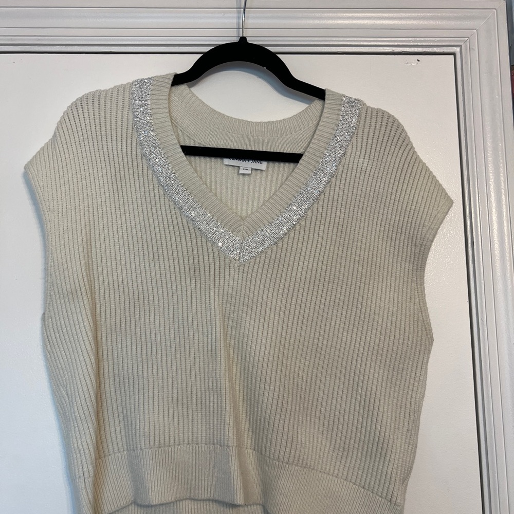 Elegant Cream V-Neck Sweater with Silver Accents